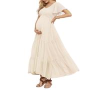 Gepunktetes Smockkleid für schwangere Frauen, geeignet für Babyparty, Fotoshooting, Freizeit, mit V-Ausschnitt, Rüschenärmeln, Empire-Taille und Stufenrock im Boho-Stil, Elfenbein, XX-Large