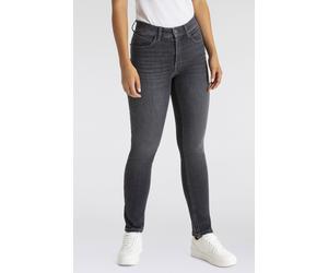 Gerade Jeans MAC "MELANIE dragon-fly", Damen, Gr. 44, Länge 32, grau (grau heavy used wash), Denim/Jeans, Obermaterial: 98% Baumwolle, 2% Elasthan, figurbetont knöchellang, Jeans, Dekoratibe Nietendet