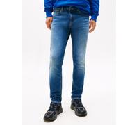 Gerade Jeans TOMMY JEANS "Scanton Slim", Herren, Gr. 34, Länge 32, blau (medium denim), Denim/Jeans, Obermaterial: 94% Baumwolle, 4% Elastomultiester, 2% Elasthan, slim fit lang, Jeans, Mit Markenlabe
