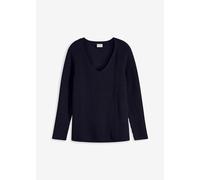 Strickpullover BONPRIX "Gerippter Pullover aus reiner Baumwolle", Damen, Gr. 48/50 (XL), blau (dunkelblau), Strick, Obermaterial: 100% Baumwolle, unifarben, lässig geschnitten normal, V-Ausschnitt, ge