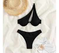 Geripptes Bikini Set, Ein Schulter Bügel BH und Scrunch Butt Bikini Unterteil, 2 teiliger Badeanzug