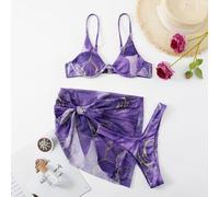 Geripptes Bikini Set mit Marmormuster, Cami BH mit Unterteil und Strandrock, 3 teiliger Badeanzug