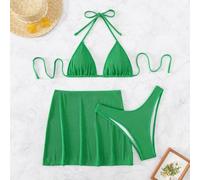 Geripptes Bikini Set Neckholder Triangel BH & hochgeschnittenes Unterteil & Strandrock 3 teiliger Badeanzug