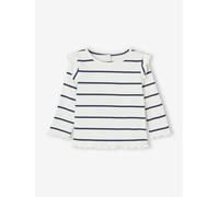 Geripptes Mädchen Baby Langarmshirt mit Volantärmeln, Bio-Baumwolle wollweiß Gr. 86 von Vertbaudet