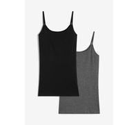 Spaghettitop BONPRIX "Spaghettiträger-Top aus reiner Baumwolle, 2er Pack", Damen, Gr. 44/46 (L), schwarz (schwarz, grau meliert), Obermaterial: 50% Baumwolle, 50% Polyester, slim fit, Tops, figurbeton