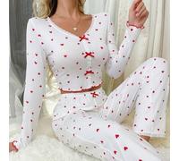 Geripptes Strick-Pyjama-Set für Damen, Herzmuster, V-Ausschnitt, lockeres Oberteil und volle Hose für Komfort im Herbst, Größe S, Rot