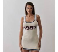 Geripptes Strickkleid mit Rundhalsausschnitt, Kontrastbesatz und "1997" Slogan, figurbetont, Mini-Länge, für Frühling, Y2K 90er Jahre, Lässig, Cute, M