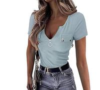 Geripptes T-Shirt mit Reißverschluss und V-Ausschnitt für Damen Sexy Kurzarm Button Down Henley T Shirts Solide Farbe Slim Fit Strick Tops (Hellblau,S)
