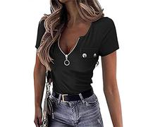 Geripptes T-Shirt mit Reißverschluss und V-Ausschnitt für Damen Sexy Kurzarm Button Down Henley T Shirts Solide Farbe Slim Fit Strick Tops (Schwarz,L)