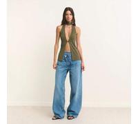 Geripptes Top im Halter-Stil mit angebrachter Schal-Kragen-Detailund tiefem Ausschnitt vorne, das eine kühne und elegante Silhouette bietet, perfekt f