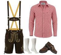German Wear 5-teiliges Herren Trachtenset Komplett - Premium Lederhose aus Nappaleder Wildleder mit Hosenträgern Haferlschuhe Trachtenhemd Rot Trachtensocken Schuhe EU43 - Hose 56 + Hemd 2XL