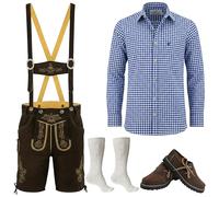 German Wear 5-teiliges Herren Trachtenset Komplett - Premium Lederhose aus Nappaleder Wildleder mit Hosenträgern Haferlschuhe Trachtenhemd Blau Trachtensocken Schuhe EU41 - Hose 52 + Hemd L