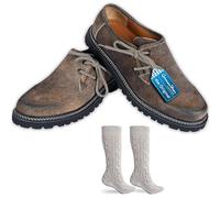 German Wear Haferlschuhe, Trachtensocken & 2X Schnürsenkel Set - Trachtenschuhe aus Wildleder Original Handmachart 100% Leder Atmungsaktiv Kalbsleder-Futter Lederschuhe mit Socken Antikbraun - 46EU