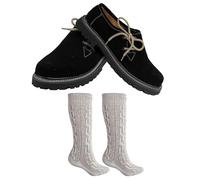 German Wear Haferlschuhe, Trachtensocken & 2X Schnürsenkel Set - Trachtenschuhe aus Wildleder Original Handmachart 100% Leder Atmungsaktiv Kalbsleder-Futter Lederschuhe mit Socken Schwarz - 47 EU
