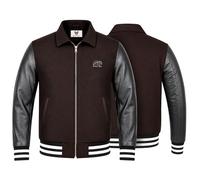 German Wear Herren Collegejacke Varsity Jacke mit Lederärmeln aus Lammnappa Wollmix Blouson Retro Design Klassischer College Style Dunkelbraun, 48