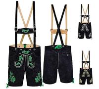 German Wear Kurze Trachten Lederhose mit Hosenträger Trachtenhose Schwarz mit Stickerei, 54/XL, Grün