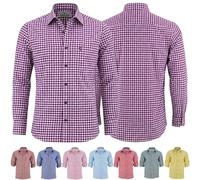 German Wear Trachtenhemden für Herren mit Langen Ärmeln, klassisches Karomuster, hochwertige bayerische Mode mit Hirsch-Stickerei und kardieten Ärmeln Lila- Small