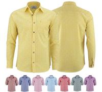 German Wear Trachtenhemden für Herren mit Langen Ärmeln, klassisches Karomuster, hochwertige bayerische Mode mit Hirsch-Stickerei und kardieten Ärmeln Gelb- Medium
