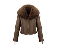 Geschallino Damen Kunstleder Wildleder jacke Sherpa Gefüttert Warme Winter Kurz Mantel mit Pelzkragen 267 Camel XL