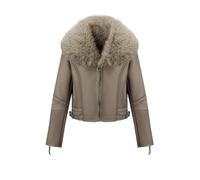 Geschallino Damen Kunstleder Wildleder jacke Sherpa Gefüttert Warme Winter Kurz Mantel mit Pelzkragen 267 Khaki XL