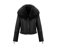 Geschallino Damen Kunstleder Wildleder jacke Sherpa Gefüttert Warme Winter Kurz Mantel mit Pelzkragen 267 Schwarz S