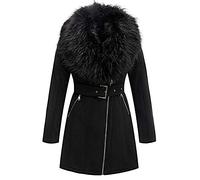 Geschallino Damen Lang Jacke aus Wildlederimitat Winter Warmer Fleece Gefütterter Parka mit Abnehmbarem Pelzkragen FF206 Schwarz M