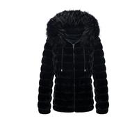 Geschallino Damen Steppmantel Große Größen Umkehrbar Kunstfell Bubble Kurz Wintermantel mit Kapuze 19225Plus Schwarz XXL