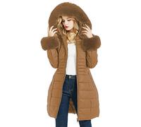 Geschallino Steppmantel für Damen Langer Winter Wattierter Dicker Parka Mantel mit Abnehmbarem Kunstpelzkragen SS804 Braun L