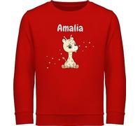 Geschenk mit Namen personalisiert by Shirtracer Sweater Kinder Sweatshirt Jungen Mädchen Pullover - Süße Giraffe Giraffen Giraffenbulle Giraffenmotiv - 128 (7/8 Jahre) - Rot - Name und Einer