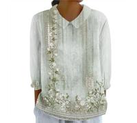 Geschenke Für Frauen Leinenbluse Damen Musselin Bluse Shirt 3/4 Arm Damen Blusenshirt Revers Rundhals Oberteile T-Shirt Damen Oversize Freizeithemd Musselin Bluse Shirts & Blusen(#C Light Green,5XL)