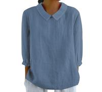 Geschenke Für Frauen Leinenbluse Damen Musselin Bluse Shirt Damen 3/4 Arm Blusenshirt Revers Rundhalsausschnitt Oberteil Tshirt Freizeithemd Summer Tops Sportoberteile Frauen(#C Blue,3XL)