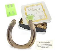 Geschenke mit Namen 1351 Echtes getragenes Glückshufeisen mit Widmung: Viel Glück auf Eurem Gemeinsamen Lebensweg inklusive Echtheitszertifikat und 2 echten Hufnägeln, Metall, Gold, 17 x 17 x 4.5 cm