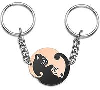 Geschenkehöhle PREMIUM Schlüsselanhänger 2 Paar Katzen Motiv Keychain als Ying Yang Tai-Chi Puzzle Set für Paare aus Edelstahl - Anhänger für den Schlüsselring und Schlüsselbund (schwarz/roségold)