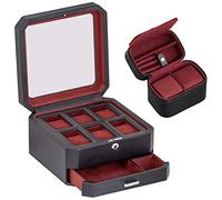 Geschenkset mit 6 Lederfächern & 2 Uhren-Reiseetuis - Luxus-Uhrenetui-Organizer, Micro-Veloursleder-Futter, abschließbarer Herren-Schmuckhalter, Aufbewahrungsboxen mit Glasplatte, Schwarz/Rot
