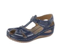 Geschlossen Sandalen Damen Hohler Plattform Keilabsatz Bohemian Pantoletten Bequem Leicht Strandschuhe rutschfest Keilsandalen Lederschuhe Plattform Retro Arch Support Sandalen