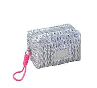 Gesteppte Kosmetiktasche Silberne Gesteppte Kosmetiktasche aus PU-Leder, tragbarer Make-up-Organizer, Reise-Kulturtasche mit großem Fassungsvermögen und Reißverschluss(17x10x11cm)