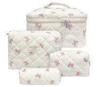 Gesteppte Make-up-Tasche, große Kapazität, Reise-Kosmetiktasche für Damen und Mädchen, ästhetische Aufbewahrung für den täglichen Gebrauch und auf Reisen, Pink, 4 Stück, rosa Schleife