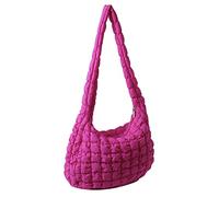 Gesteppte Tragetasche, Baumwolle, gepolstert, Puffer, Umhängetasche, Hobo-Tasche, gepolstert, leicht, große Handtasche für Damen, Rosenrot, 45x31x11cm/17.72x12.20x4.33in, shoulder strap 90cm/35.43in