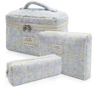 Gestepptes Make-up-Taschen-Set, 3-teilig, große Kosmetiktasche mit Blumenmuster für Damen, niedliche Baumwoll-Make-up-Taschen, Reise-Kulturbeutel, Kulturbeutel, Organizer (grüne Blätter, blaue