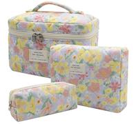 Gestepptes Make-up-Taschen-Set, 3-teilig, große Kosmetiktasche mit Blumenmuster für Damen, niedliche Baumwoll-Make-up-Tasche, Reise-Kulturbeutel (große Blume), Große Blume, Niedlich