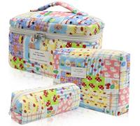 Gestepptes Make-up-Taschen-Set, 3-teilig, große Kosmetiktasche mit Blumenmuster für Damen, niedliche Baumwoll-Make-up-Taschen, Blumen-Kulturbeutel, Reise-Kulturbeutel, Organizer-Tasche