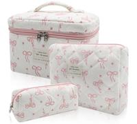 Gestepptes Make-up-Taschen-Set, 3-teilig, große Kosmetiktasche mit Blumenmuster für Damen, niedliche Baumwoll-Make-up-Tasche, Reise-Kulturbeutel, Kosmetiktasche (weiß/rosa, kleine Schleife), Weiße