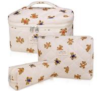 Gestepptes Make-up-Taschen-Set, große Kosmetiktasche mit Blumenmuster für Damen, niedliche Baumwoll-Make-up-Tasche, Reise-Kulturbeutel, bär, Niedlich