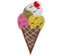 Gestickte Eistüte Waffeleis Eis Aufnäher zum aufbügeln oder aufnähen Bügelbild Aufbügler für Kleidung Bügelpatch Applikation Kugel Eiscreme mit Sahne Kirsche Patch Größe 4,3 x 8,5 cm