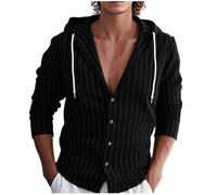 Gestreift Leinenhemd Herren Baumwolle Leinen Hoodie Einfarbig Hoody Oberteile Knopfleiste Langarm Hemd mit Kapuze Modische Langarmshirt Schlank Sommer Shirt Leichte Sommerhemd Bequem Freizeithemden