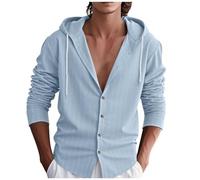 Gestreift Leinenhemd Herren Baumwolle Leinen Hoodie Einfarbig Hoody Oberteile Knopfleiste Langarm Hemd mit Kapuze Modische Langarmshirt Schlank Sommer Shirt Leichte Sommerhemd Bequem Freizeithemden