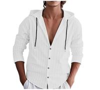 Gestreift Leinenhemd Herren Baumwolle Leinen Hoodie Einfarbig Hoody Oberteile Knopfleiste Langarm Hemd mit Kapuze Modische Langarmshirt Schlank Sommer Shirt Leichte Sommerhemd Bequem Freizeithemden