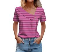 Gestreift Oberteile Damen Schräger V-Ausschnitt Bluse Modische Tunika Passform Kurze Ärmel Pullover Sommer Leichte Tshirt Schlank Longshirt Bequem Knöpfen Top Sommerblusen Partywear