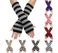 Gestreifte Armstulpen Fingerlose Handschuhe für Frauen, Damen Stretchy Stulpen Arm Fingerless Gloves Strickhandschuhe Damen Lang, für Damen und Mädchen, für Weihnachten Karneval (Coffee, One Size)