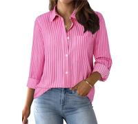 Gestreifte Button-Down-Shirts für Damen, Baumwollhemden, langärmelig, Kragen, Blusen, Arbeit, Business, Casual Tops, Hot Pink mit breiten Streifen, Klein